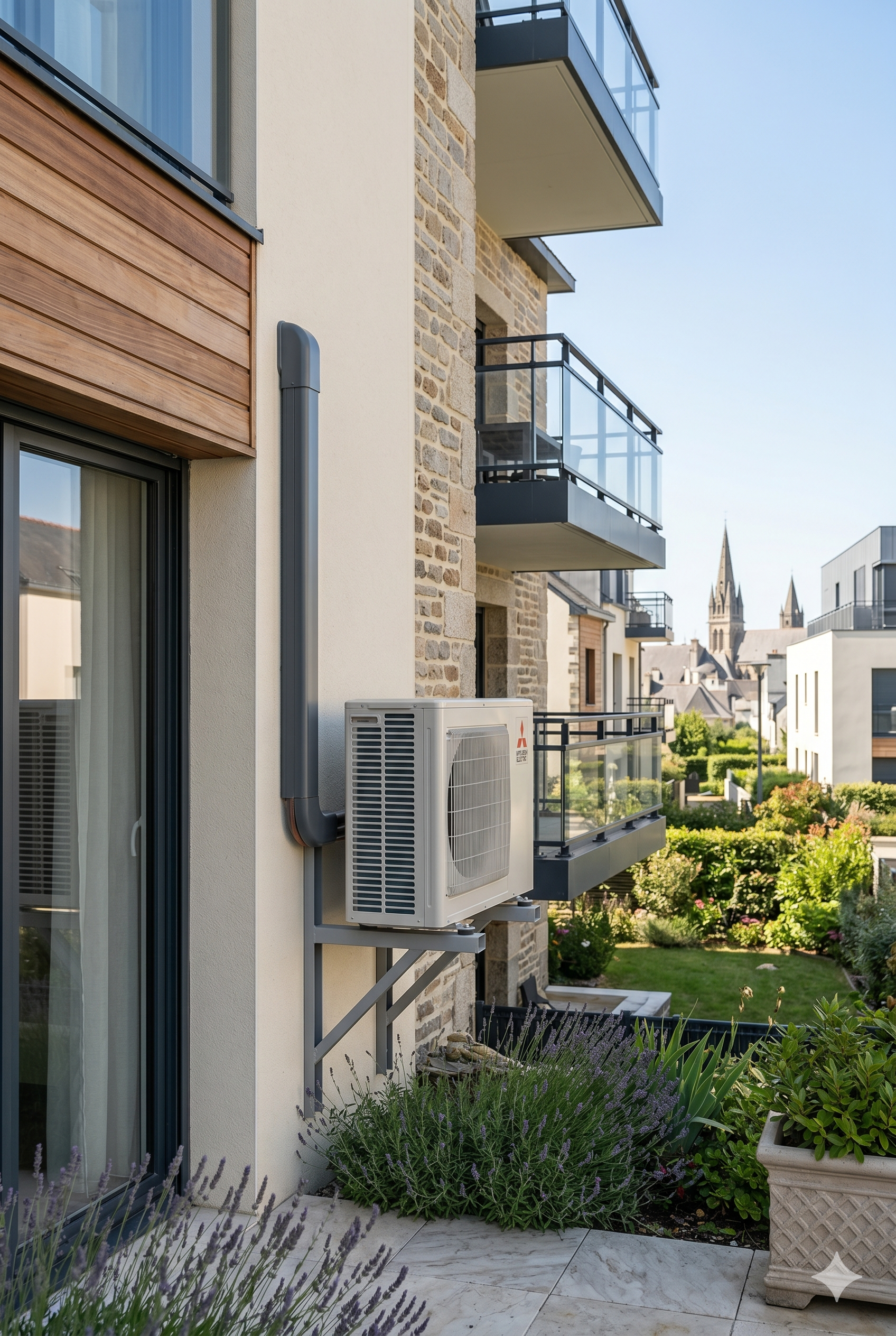 Plan de travail de cuisine avec évier rond en inox, robinet mural chromé, crédence en carreaux blancs et meubles en bois clair, éclairé par une fenêtre avec stores.