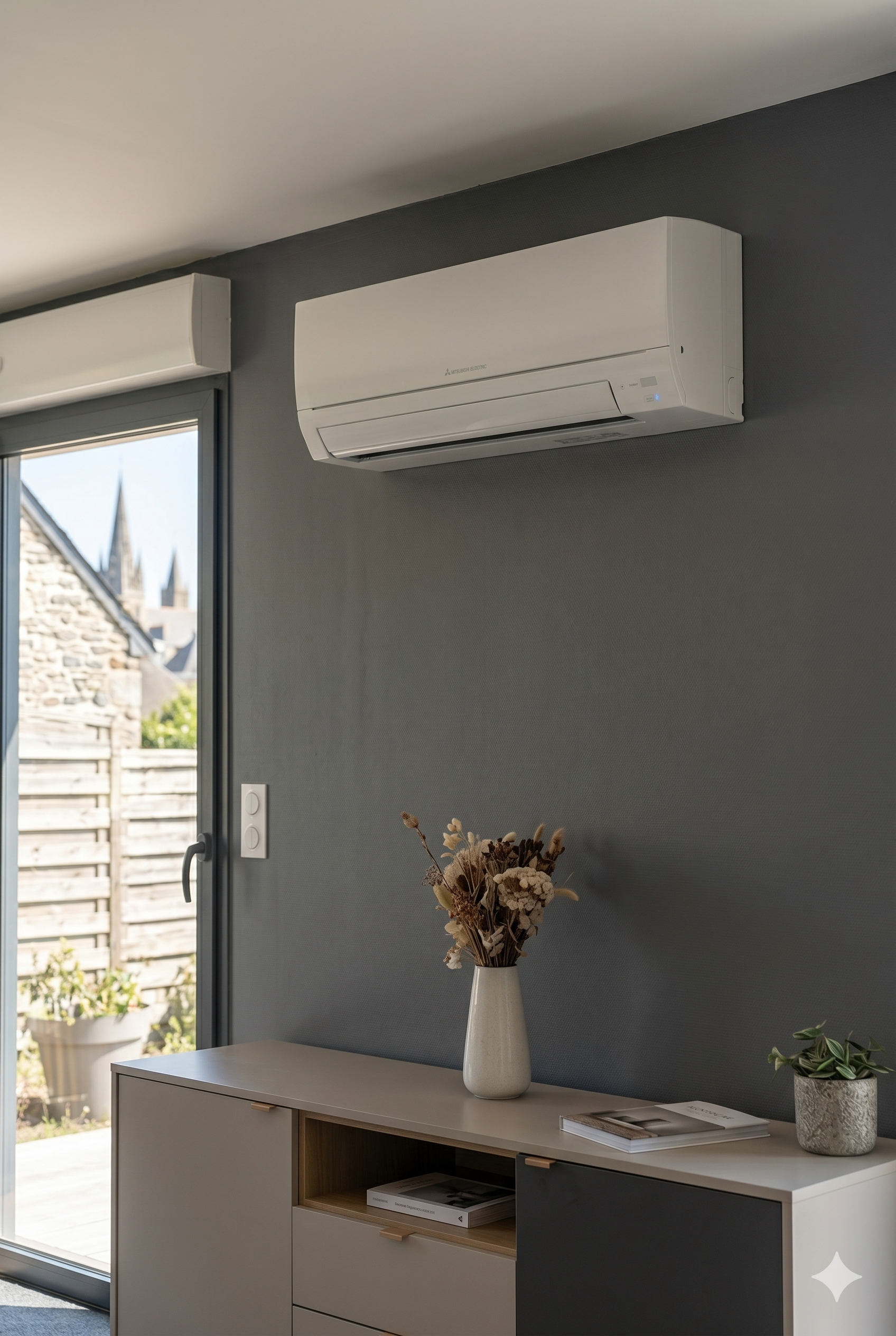 Plan de travail de cuisine avec évier rond en inox, robinet mural chromé, crédence en carreaux blancs et meubles en bois clair, éclairé par une fenêtre avec stores.